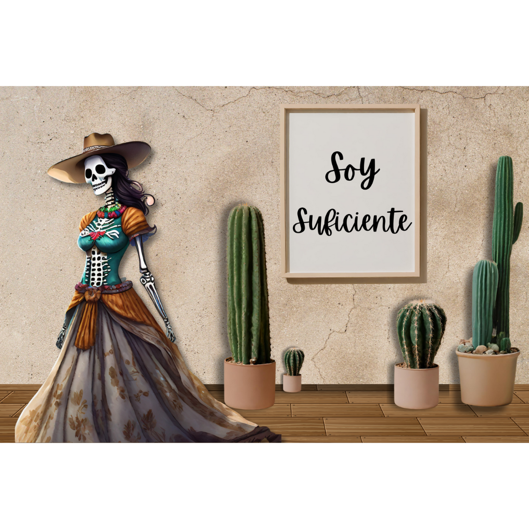 Soy Suficiente Latina skeleton Catrina illustration by DIANA.g — limited edition makeup bag and hoodie SnowyGee Farewell Collection